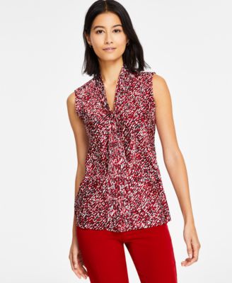 Kasper - Women's Satin Printed Tie-Neck Sleeveless Blouse