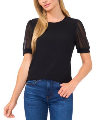 CeCe - Women's Mixed-Media Short Sleeve Knit Top