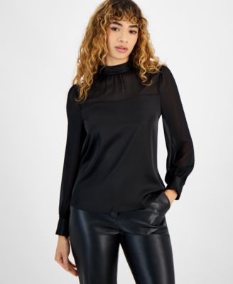 Bar III - Women's Sheer-Sleeve Mock-Neck Blouse