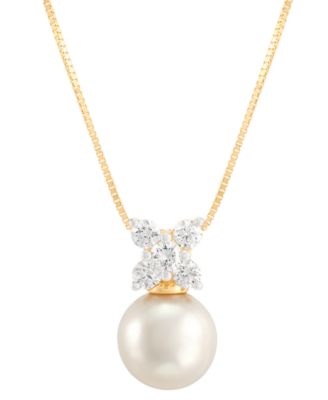 Grown With Love - Cultured Freshwater Pearl (8-1/2mm) & Lab Grown Diamond (1/3 ct. t.w.) Cluster 18" Pendant Necklace in 14k Gold