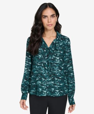 Calvin Klein - Women's Printed Ruffle-Trim Button-Front Shirt