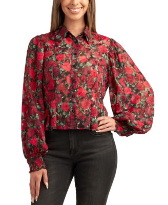BCX - Juniors' Floral-Print Sheer Button-Down Bubble-Sleeve Top