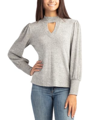 BCX - Juniors' Solid Keyhole Long-Sleeve Mock-Neck Jersey Top