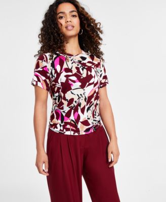 Bar III - Petite Printed Short-Sleeve Side-Ruched Tee