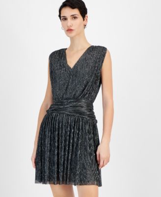 BOSS Orange - Women's Metallic Pleated V-Neck Mini Dress