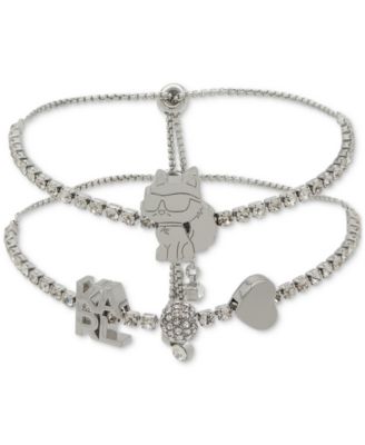 KARL LAGERFELD PARIS - Silver-Tone 2-Pc. Set Choupette & Logo Charm Crystal Slider Bracelets