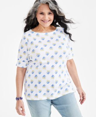 Style & Co - Plus Size Floral-Print Cuffed Vented-Hem Top