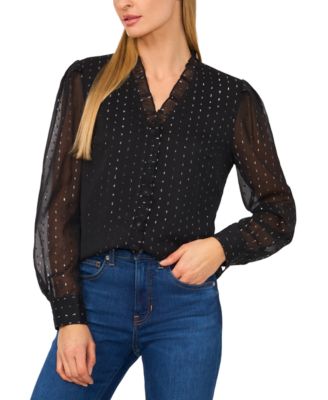 CeCe - Women's Long-Sleeve Ruffled Metallic-Pattern Blouse