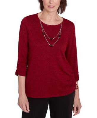 Alfred Dunner - Petite Runway Ready Solid Melange Crewneck Top With Necklace