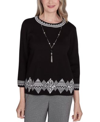 Alfred Dunner - Petite Runway Ready Diamond-Border Crewneck Sweater With Necklace