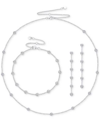 Macy's - 3-Pc. Set Diamond Heart Station Collar Necklace, Bracelet & Linear Drop Earrings (1/5 ct. t.w.) in Sterling Silver