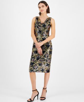 kensie - Women's Floral-Motif Sequinned Cowlneck Dress