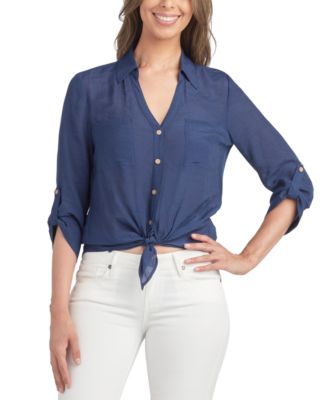 BCX - Juniors' Tie-Hem Split-Neck Roll-Tab Shirt