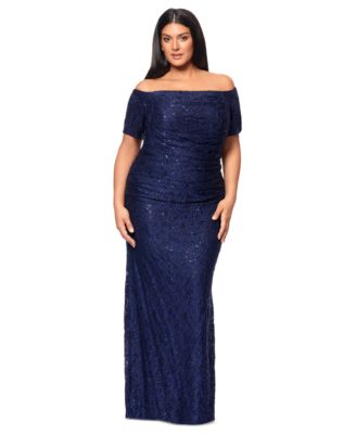 XSCAPE - Plus Size Sequin-Lace Off-The-Shoulder Gown