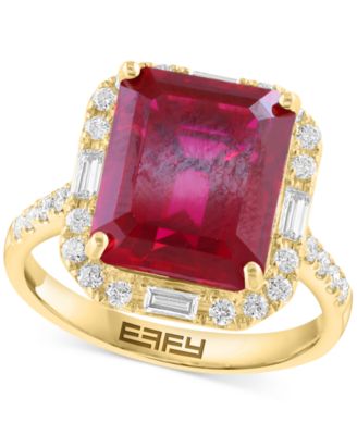 EFFY Collection - Emerald-Cut Lab Grown Ruby (6-7/8 ct. t.w.) & Lab Grown Diamond (5/8 ct. t.w.) Halo Ring in 14k Yellow Gold
