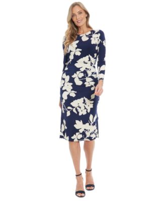 London Times - Women's Floral Side-Ruched Long-Sleeve Midi Dress