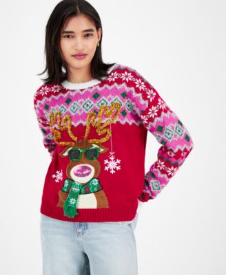 Hooked Up by IOT - Juniors' Reindeer Fair Isle Christmas Sweater