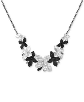 GUESS - Silver-Tone Black & Clear Pav&eacute; & Marquise Stone Flower Statement Necklace, 18" + 2" extender