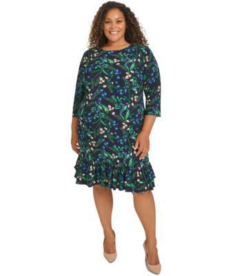 Tommy Hilfiger - Plus Size Printed Round-Neck Ruffle-Hem Dress