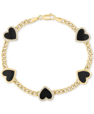 EFFY Collection - Onyx (9 x 8-1/2 mm) & Diamond (1/4 ct. t.w.) Heart Flex Bracelet in 14k Gold Over Silver