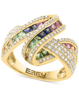 EFFY Collection - Multi-Sapphire (1-1/4 ct. t.w.), Green Garnet (1/4 ct. t.w.) & Diamond (5/8 ct. t.w.) Crossover Statement Ring in 14k Gold