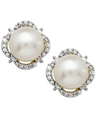 Honora - Cultured Freshwater Pearl (7mm) and Diamond (1/6 ct. t.w.) Halo Stud Earrings in 14k Gold