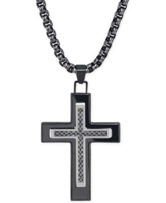 Esquire Men's Jewelry - Black Diamond (1/4 ct. t.w.) Cross Necklace in Stainless Steel