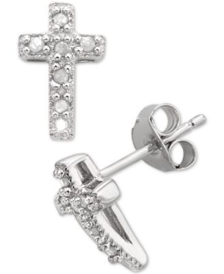 Macy's - Diamond Cross Stud Earrings (1/10 ct. t.w.) in Sterling Silver