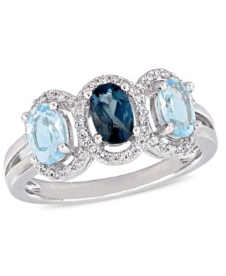 Macy's - Blue Topaz (1-3/5 ct.t.w.) and Diamond (1/5 ct.t.w.) 3-Stone Halo Ring in Sterling Silver