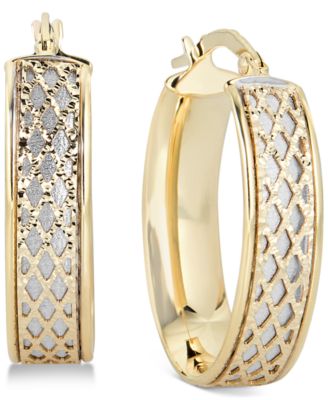 Italian Gold - Lattice-Design Oval Hoop Earrings in 14k White Gold and 14k Gold