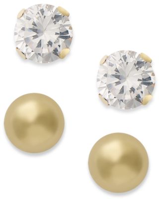 Macy's - 10k Gold Earring Set, Cubic Zirconia (7/8 ct. t.w.) and Ball Stud Earring Set