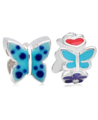 Rhona Sutton - Children's Enamel Butterfly Flowers Bead Charms - Set of 2 in Sterling Silver