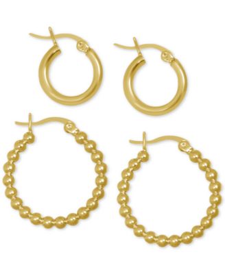 Essentials - 2-Pc. Set Polished Small Hoop & Beaded Hoop Earrings in Gold-Plate or Fine Silver Plate
