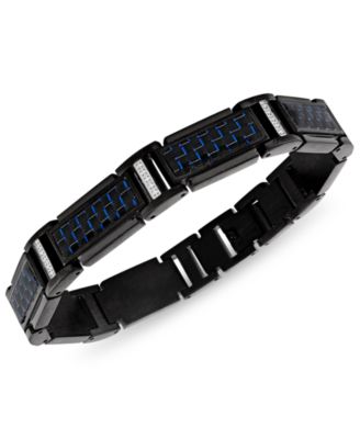 Esquire Men's Jewelry - Diamond (1/5 ct. t.w.) & Blue Carbon Fiber Link Bracelet in Black Ion-Plated Stainless Steel