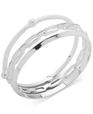 Anne Klein - Silver-Tone 3-Pc. Set Crystal & Imitation Pearl Bangle Bracelets