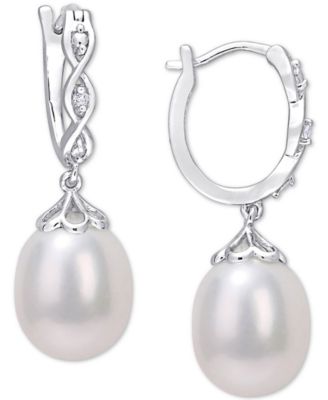 Macy's - Cultured Freshwater Pearl (8mm) & Diamond Accent Dangle Hoop Earrings in Sterling Silver