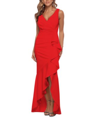 Betsy & Adam - Petite Ruffled High-Low Mermaid Gown