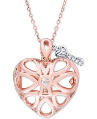 Macy's - White Topaz Heart Lock & Key 18" Pendant Necklace in Sterling Silver & 18k Rose Gold-Plate
