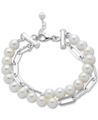 Macy's - Cultured Freshwater Pearl (7-8mm) Paperclip Link Layered Bracelet in Sterling Silver