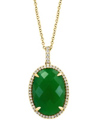 EFFY Collection - Jade & Diamond (1/4 ct. t.w.) Oval Halo 18" Pendant Necklace in 14k Gold