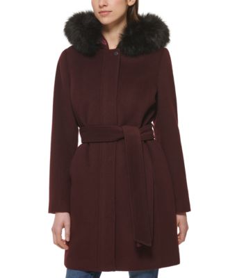 Cole Haan - Women's Belted Faux-Fur-Trim Hooded Coat