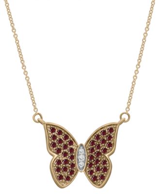 Macy's - Garnet (1-1/5 ct. t.w.) & White Topaz (1/10 ct. t.w.) Butterfly 17" Pendant Necklace in 14k Gold-Plated Sterling Silver