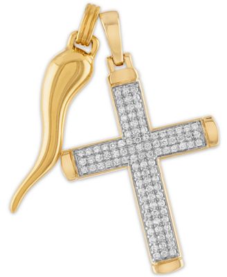 Esquire Men's Jewelry - 2-Pc. Set Cubic Zirconia Cross and Horn Pendants in 14k Gold-Plated Sterling Silver