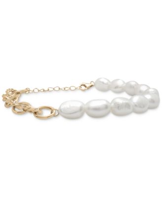 Macy's - Cultured Freshwater Pearl (7 x 8mm) & Oval Link Bracelet in 14k Gold-Plated Sterling Silver