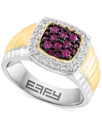 EFFY Collection - Men's Ruby (1/2 ct. t.w.) & White Topaz (3/8 ct. t.w.) Halo Ring in Sterling Silver and 14k Gold-Plate