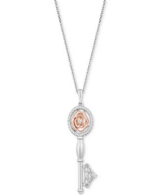 Enchanted Disney Fine Jewelry - Diamond Belle Rose Key Pendant Necklace (1/6 ct. t.w.) in Sterling Silver & 14k Rose Gold-Plate