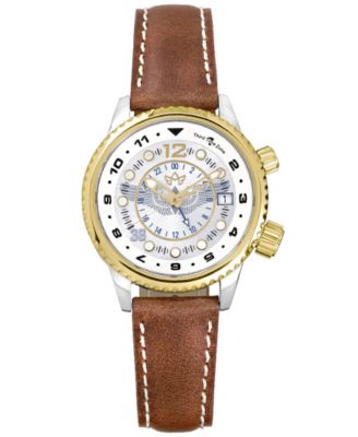 Abingdon Co. - Women's Swiss WASP Tribute Tri-Time Chestnut Leather Strap Watch 33mm