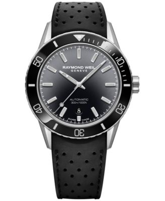Raymond Weil - Men's Swiss Automatic Freelancer Diver Black Perforated Rubber Strap Watch 43mm
