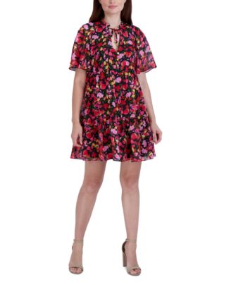 BCBGeneration - Women's Printed Flutter-Sleeve Tie-Neck Shift Dress