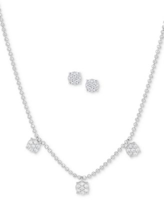 Macy's - 2-Pc. Set Diamond Cluster Collar Necklace & Matching Stud Earrings (1/4 ct. t.w.) in Sterling Silver